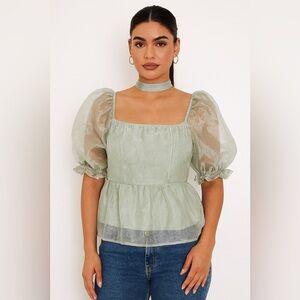 Japna Mint Green Puff Sleeve Smocked Peplum Top - Size M